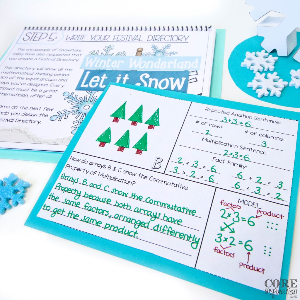 Core Inspiration Winter Wonderland Arrays and Multiplication Project guide next to completed directory page showing multiplication math reasoning