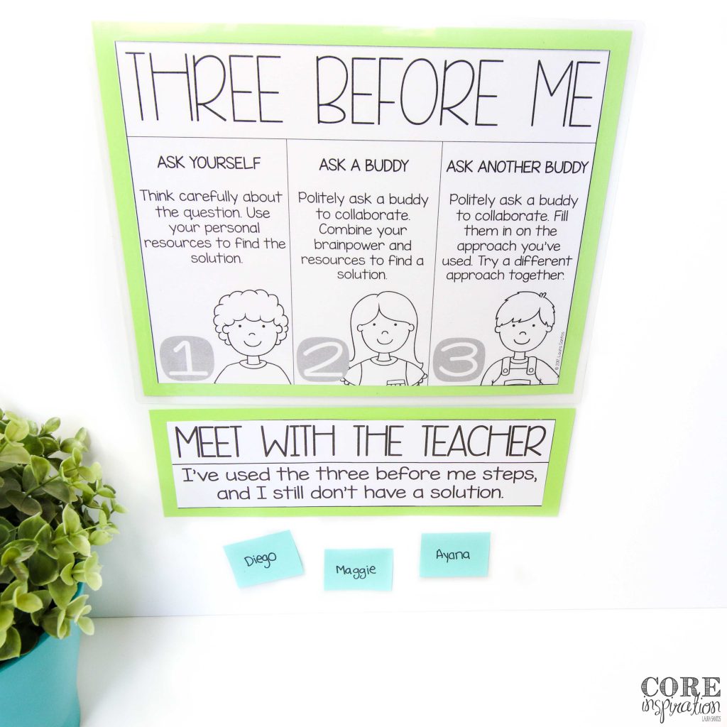 Core Inspiration math triads three before me reminder poster with spot for students to meet with the teacher as needed so math small groups are not interrupted. 