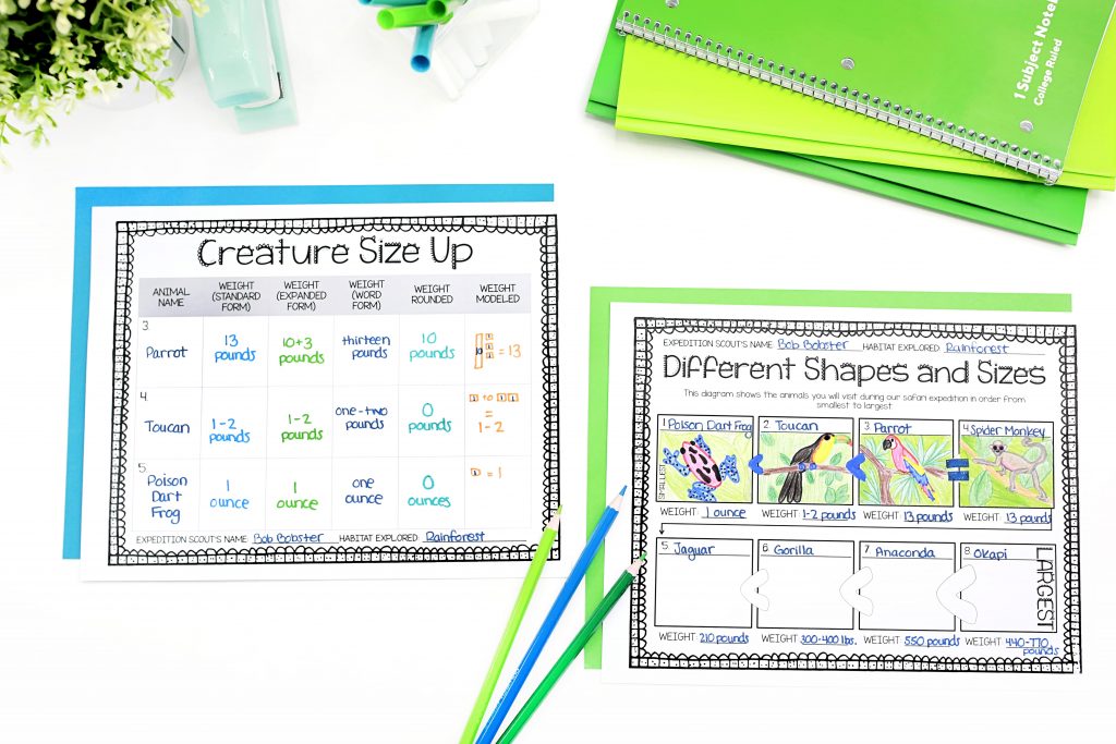 Place value project sample showing a completed "Creature Size Up" page next to an in-progress size comparison page