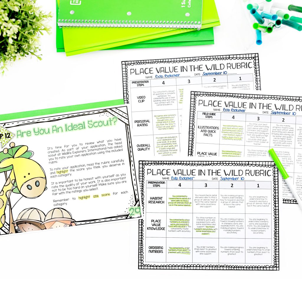 Place value project based learning guide showing self-assessment instructions next to project rubric