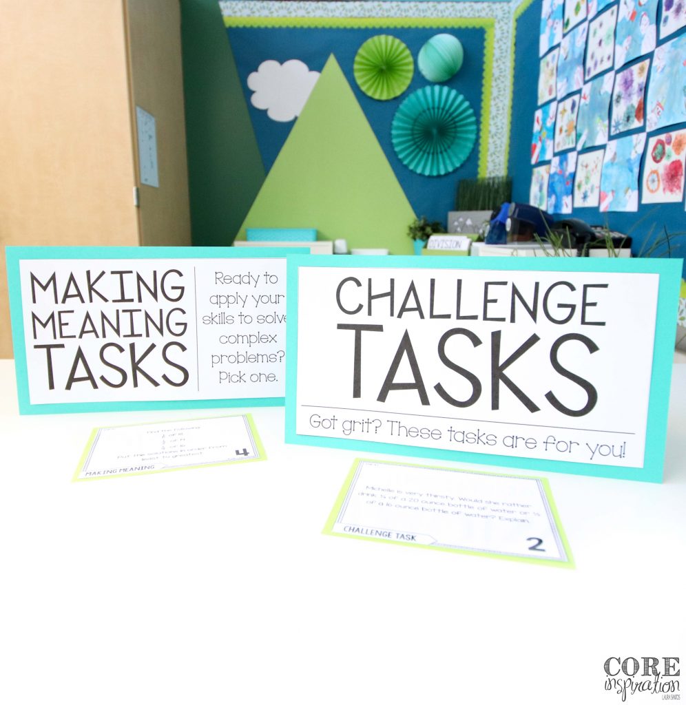 Printable classroom signs showing the descriptions for challenge tasks and making meaning tasks that students complete during the At Your Seat rotation of math workshop.
