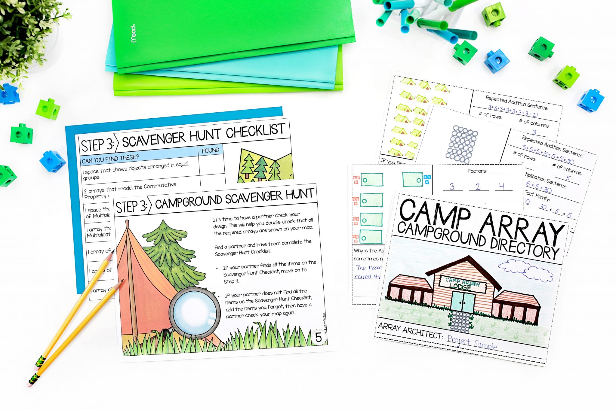 Core Inspiration's Camp Array Architect Math Project guide with detailed visual instructions laying next to completed multiplication project sample. 