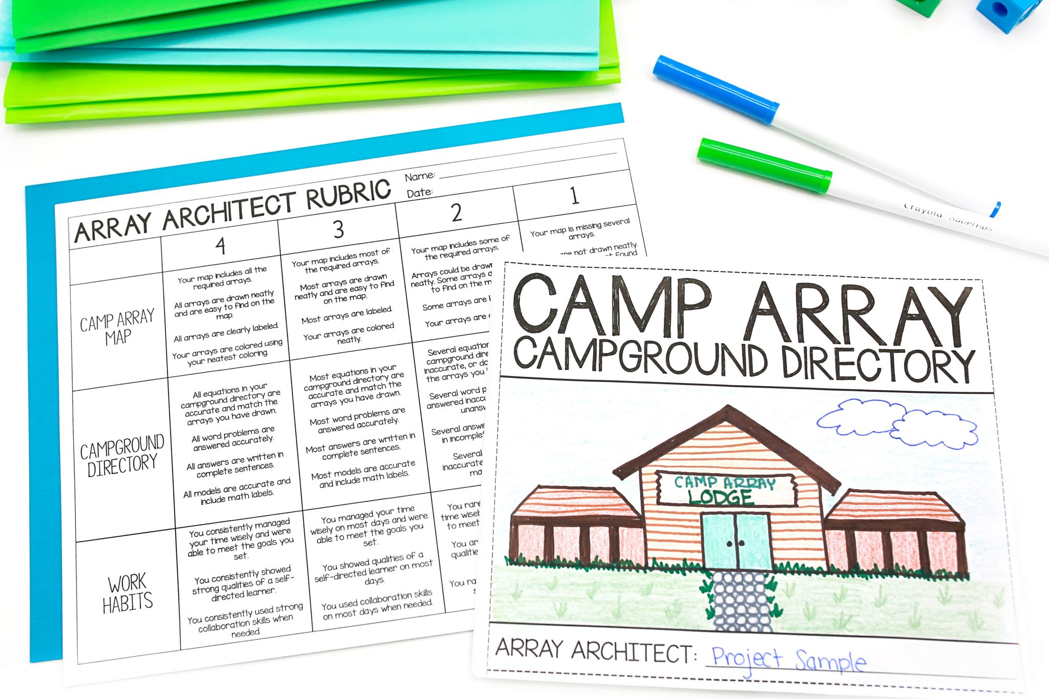 Camp Array multiplication project rubric laying  next to completed campground directory. 