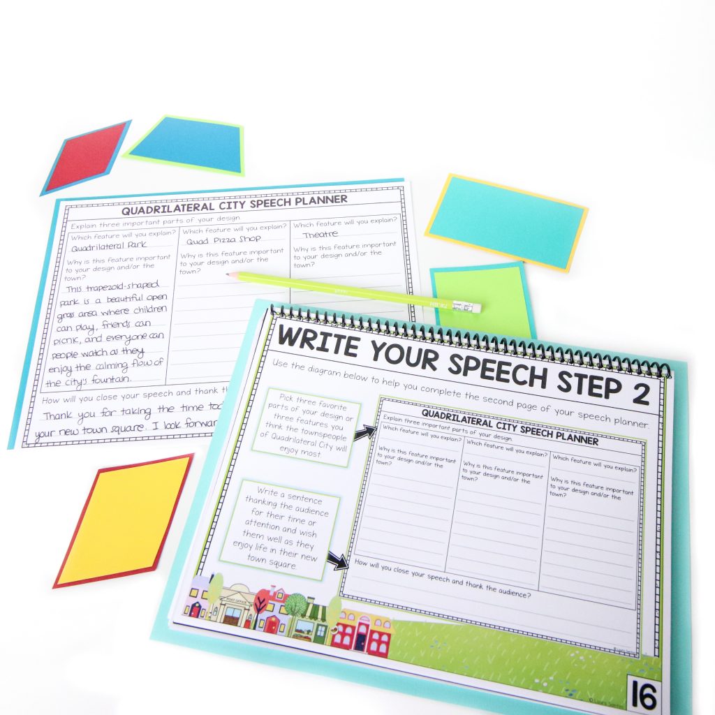 Core Inspiration's Quadrilateral City sample math project showing instructions for planning the project speech. 