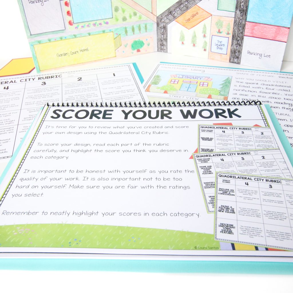 Core Inspiration's Quadrilateral City math project sample showing instructions for student reflection and self-scoring at the end of the project 