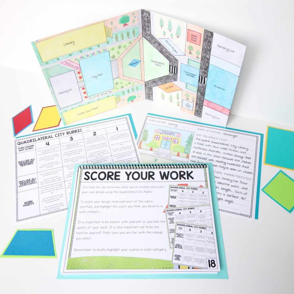 Core Inspiration's Quadrilateral City geometry project showing a completed town square map, rubric, completed geometry guide book page and instructions for scoring work. 