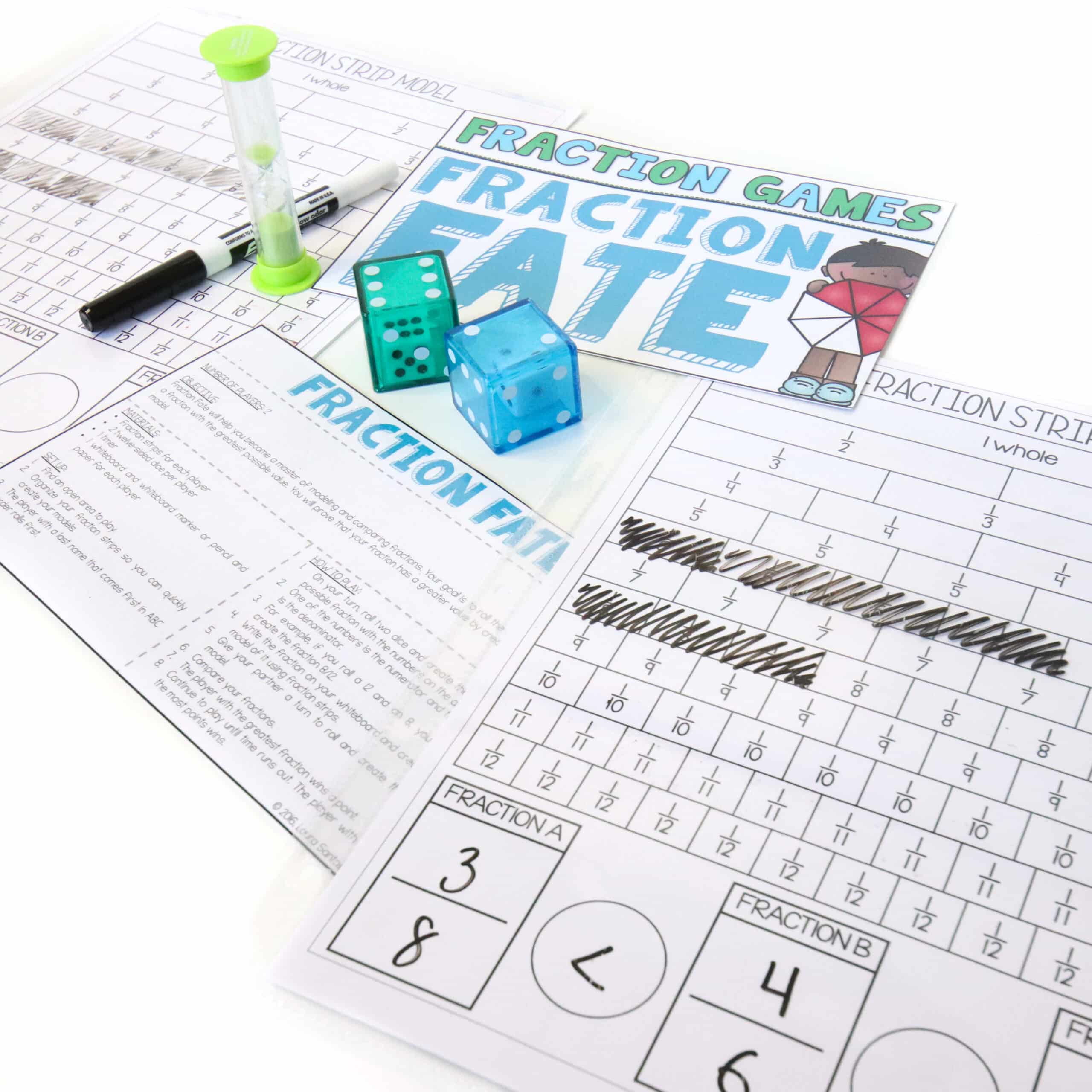 Core Inspiration's Fraction Fate hands-on math game card laying on the desk to a timer, dice and fraction strip models. 