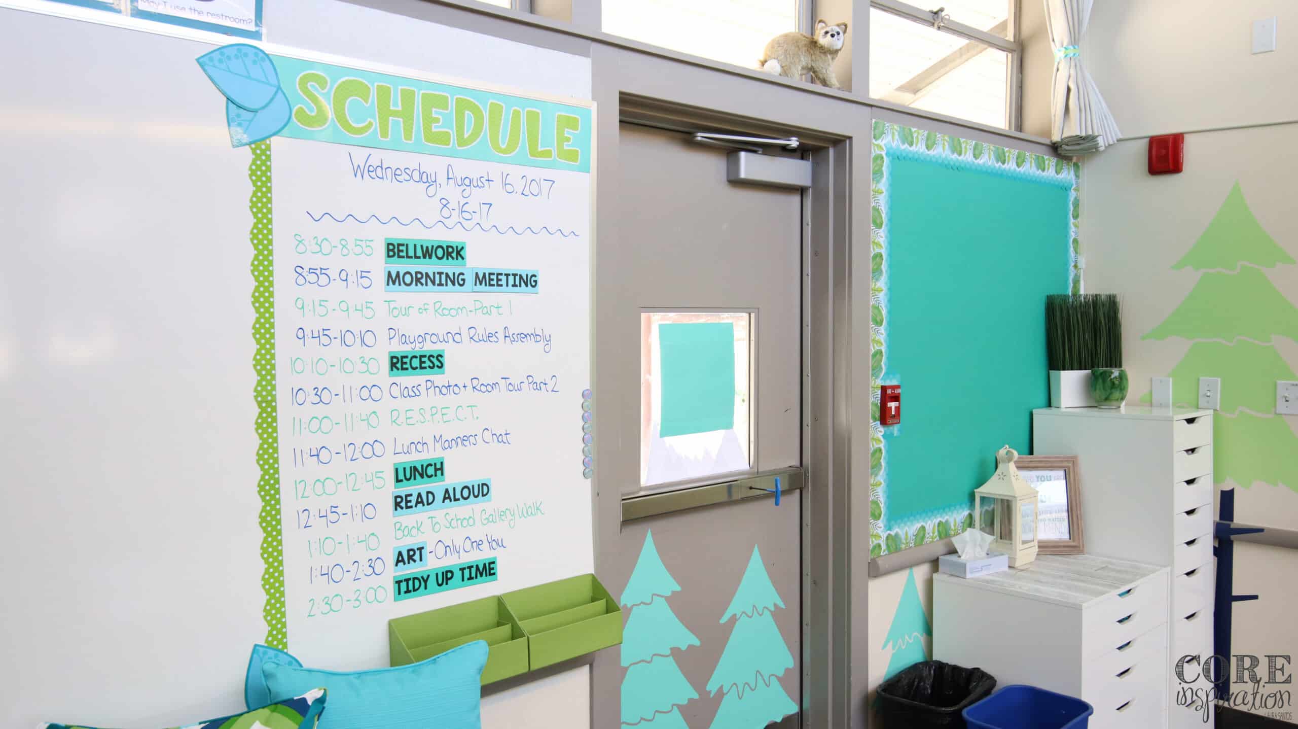 The front door of Core Inspiration's elementary classroom. Schedule is displayed next to the door and the classroom is ready for students to arrive and begin their morning work routine. 