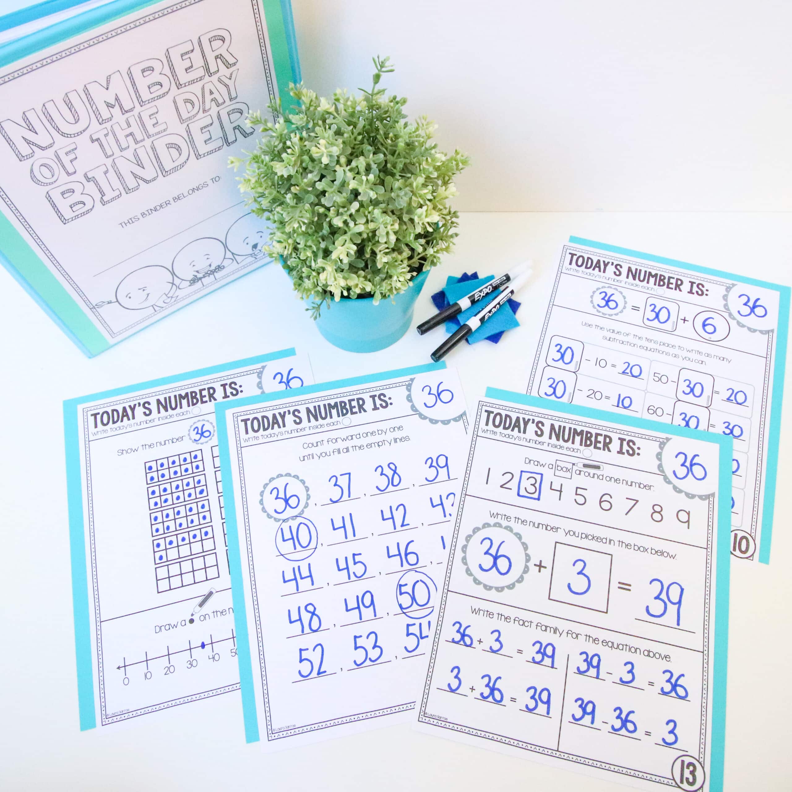 Core Inspiration's first-grade morning work math binder showing Number of the Day pages completed for the number 36.