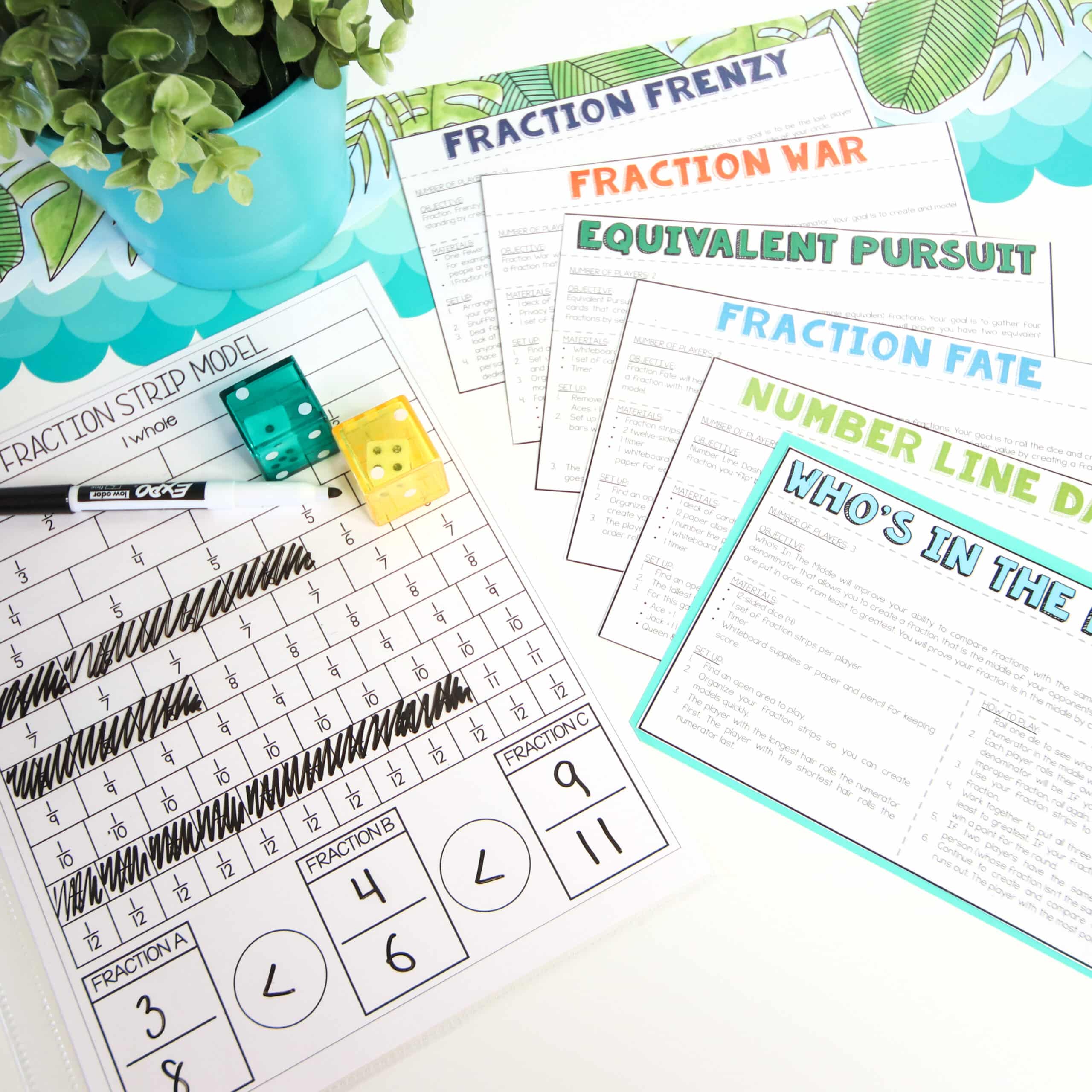 Model fractions on a number line and practice other skills with Core Inspiration's collection of hands-on fraction games. All game instruction cards laying on a table number to fraction strips modeling tool. 