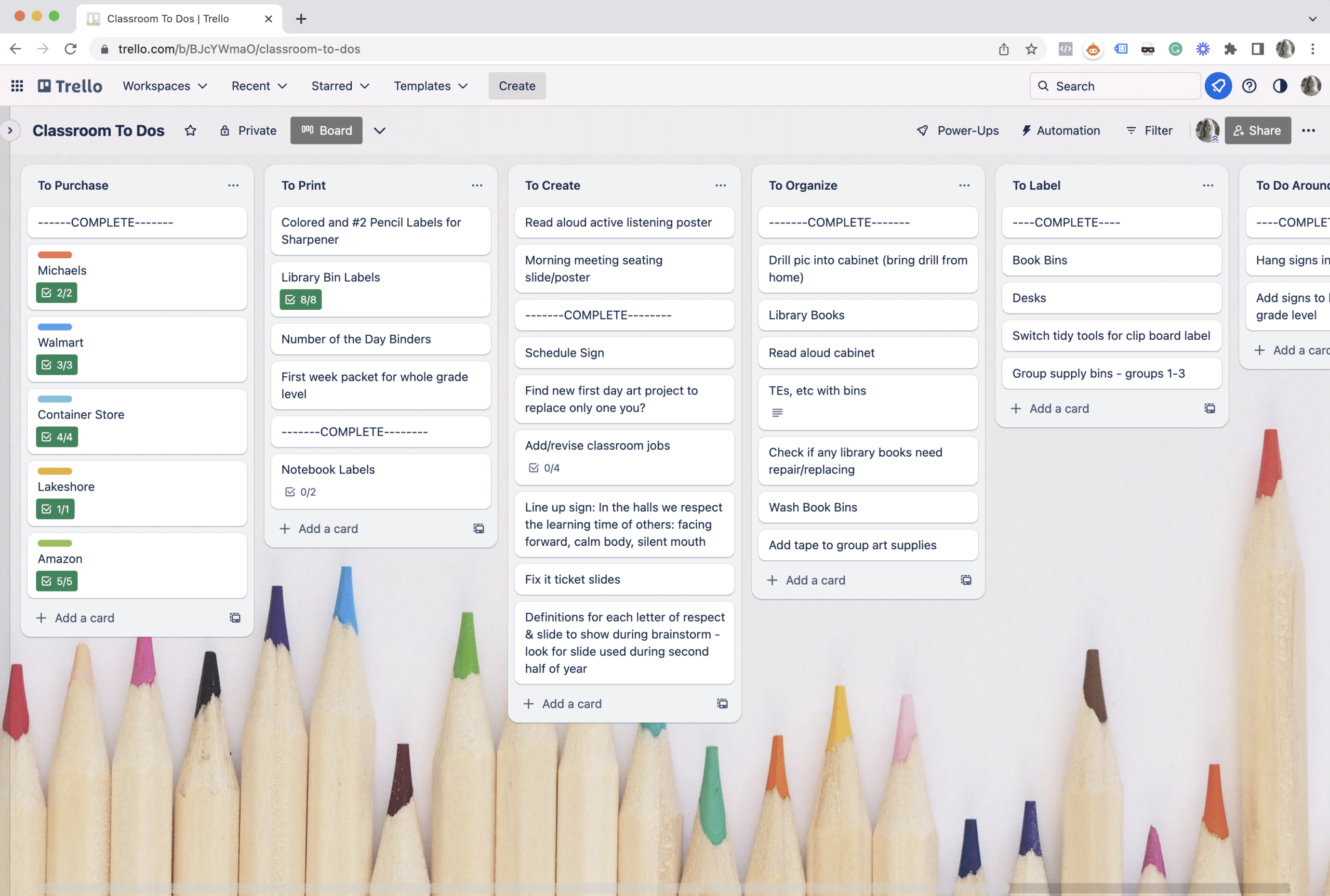 Core Inspiration's back to school to-do list trello board showing all tasks that need to be completed before the first day of school in the elementary classroom.