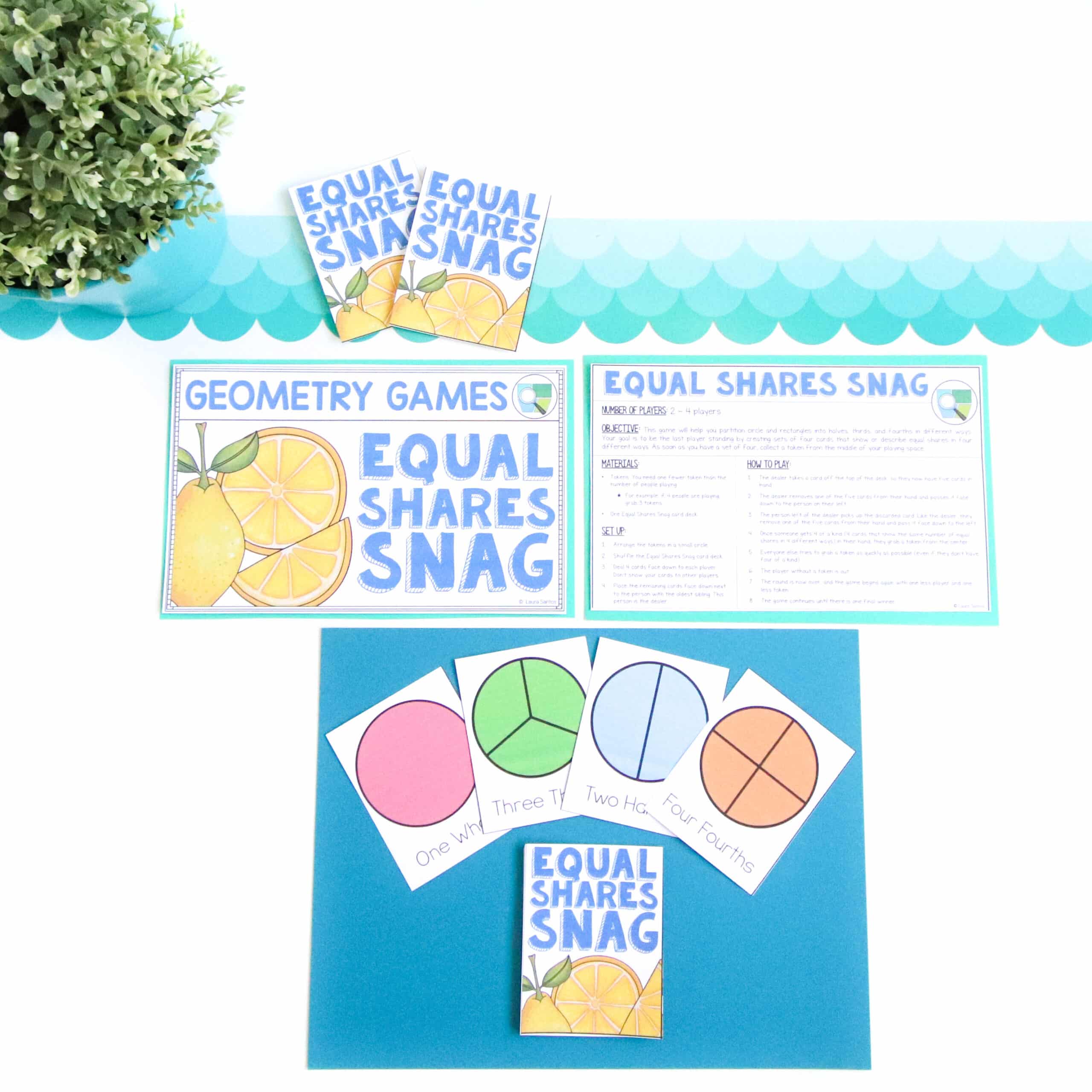 Core Inspiration's hands on third grade geometry math game, Equal Shares Snag helps students identify polygons that are divided into equal or unequal shares. 