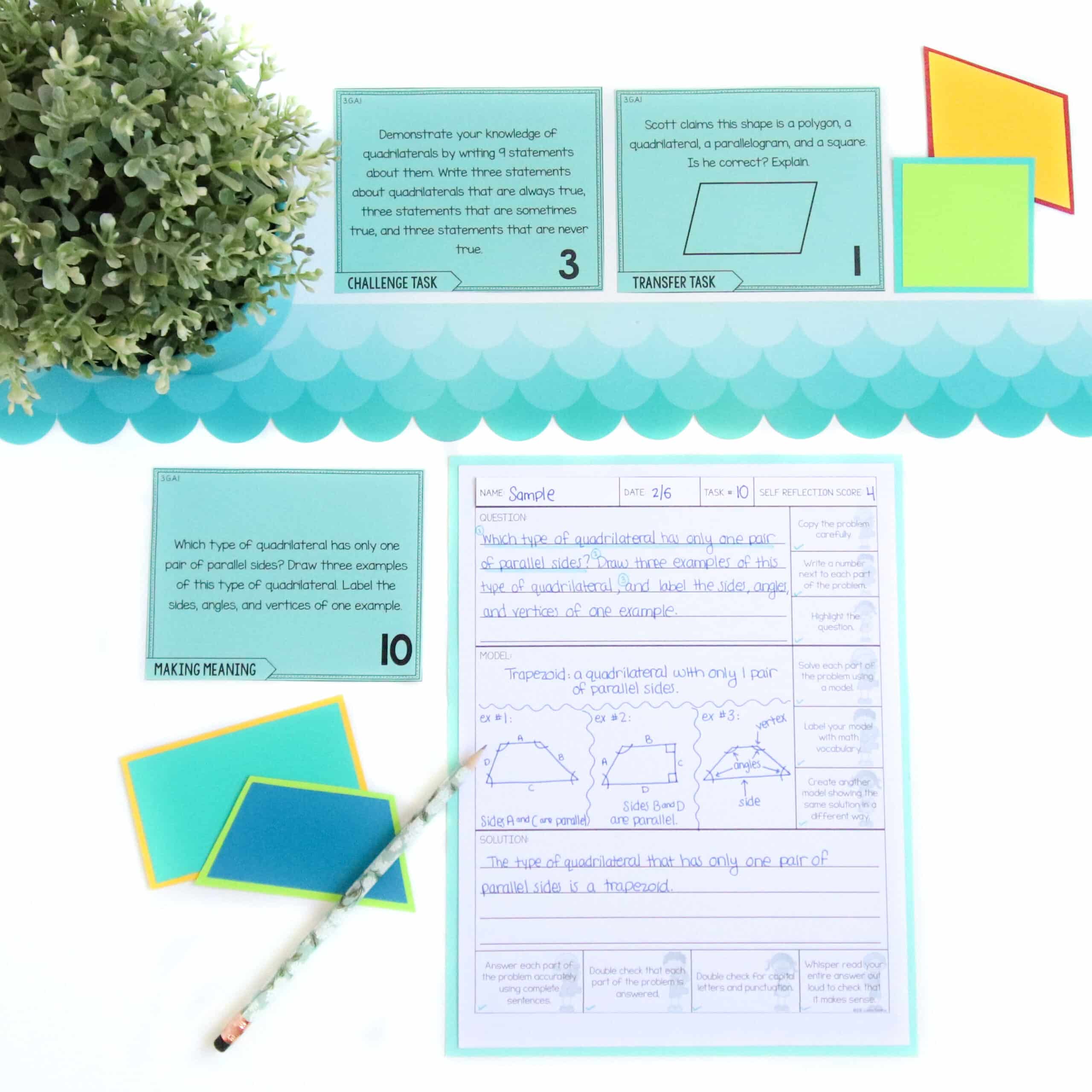 Core Inspiration's third grade geometry word problem collection showing all three levels of differentiation alongside a completed word problem recording sheet that includes a math model and a solution written in a complete sentence. 
