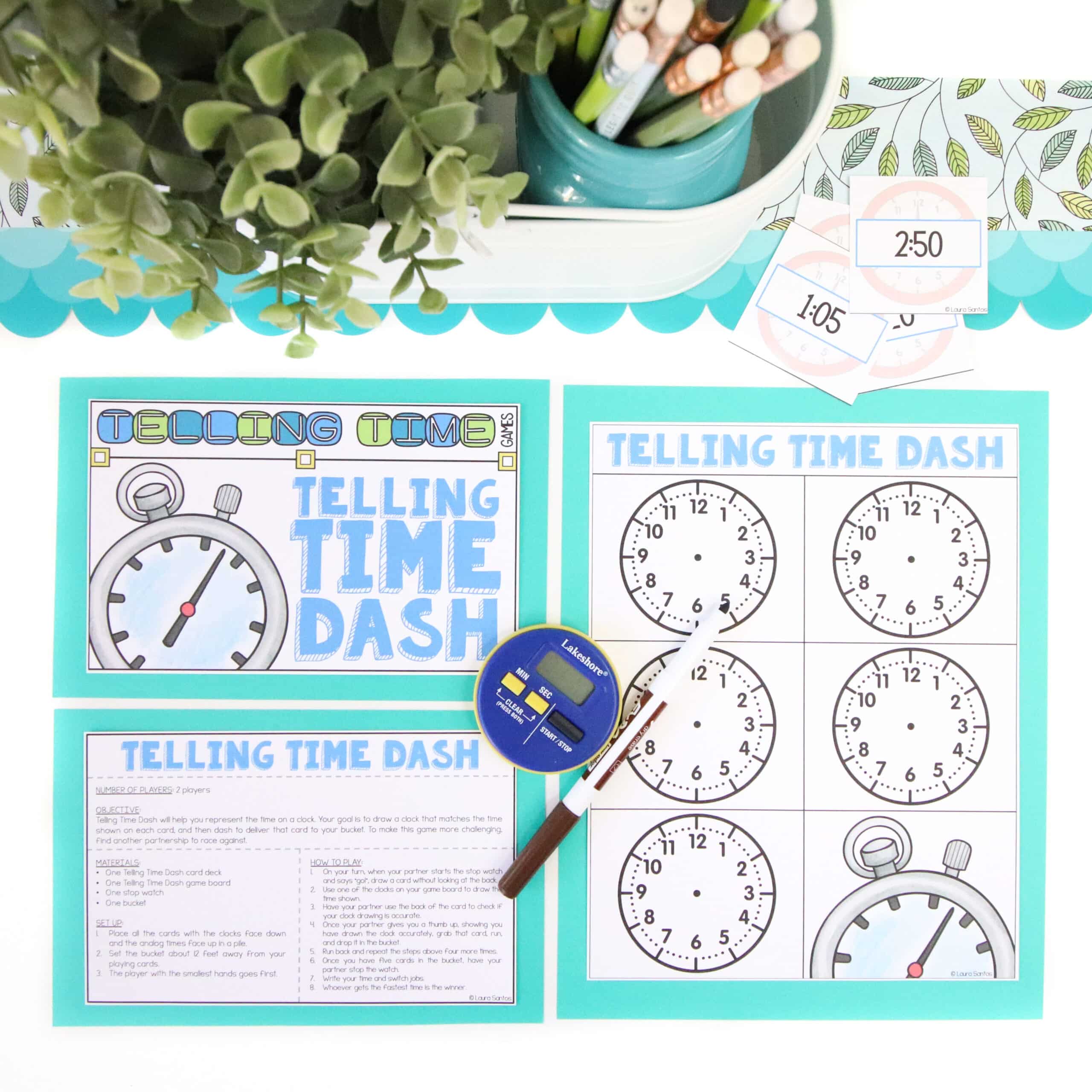 Hands-on telling time game for 3rd grade along with game instructions, game cards, and a timer.