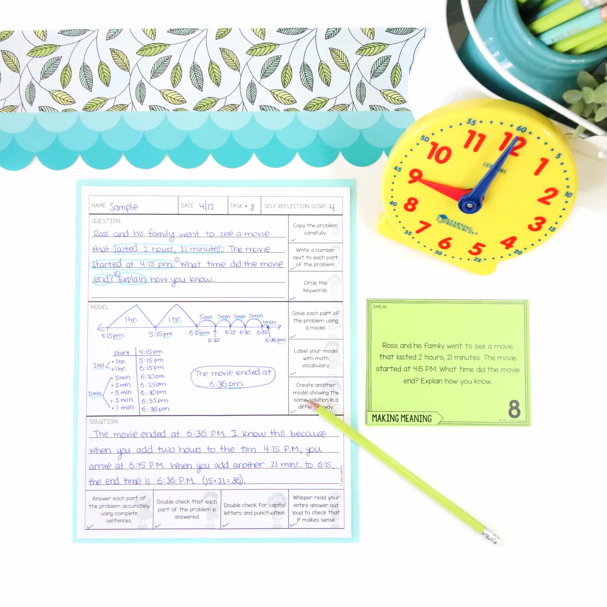 Telling time and elapsed time practice word problem task card next to completed word problem recording sheet with scaffolding prompts on margin. 