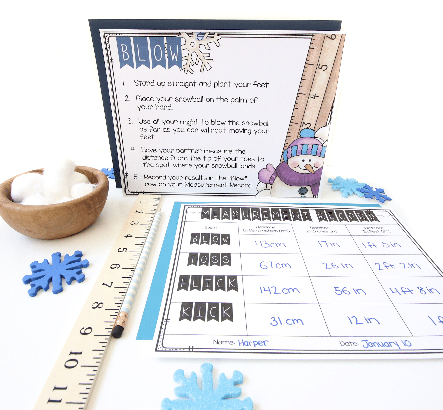 Core Inspiration 2nd grade winter measure-then math project with student measurement record, ruler, and project instruction card