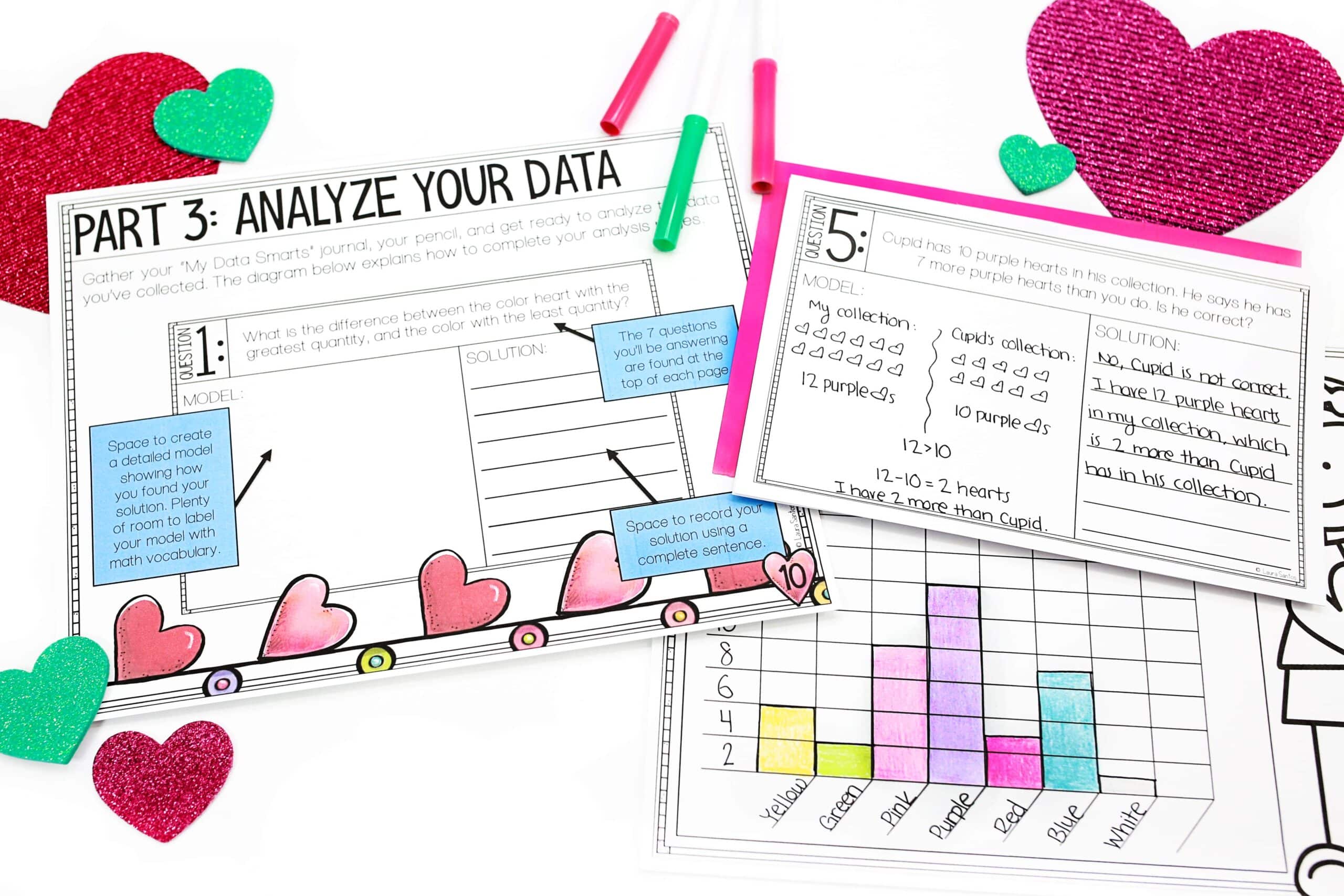 Core Inspiration 2nd Valentine's Day themed data and graphing math project with detailed visual instruction page and student work sample with word problem solved